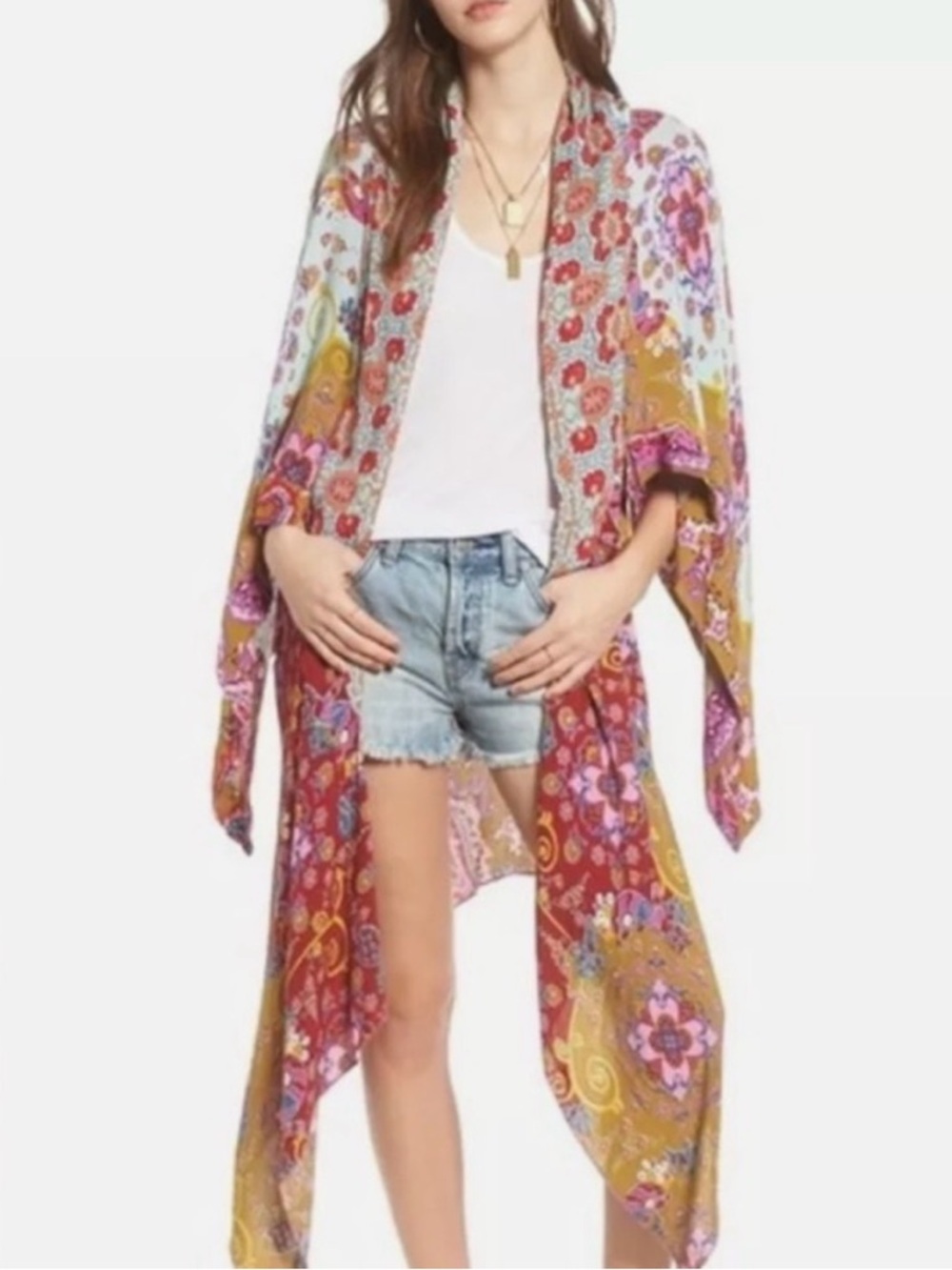 Free People Kimono Little Wing Mix Scarf Print Multi COLOR Boho Cardi Layer
